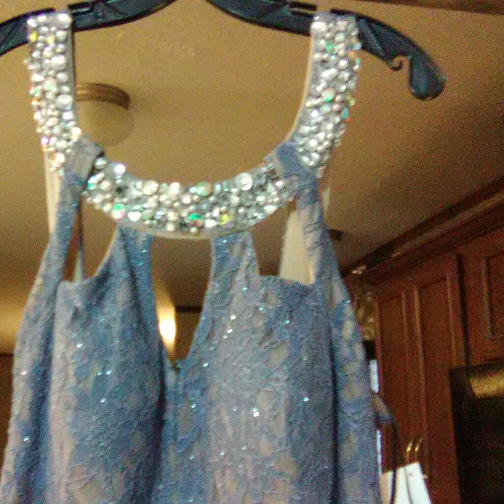 Full length light blue formal dress